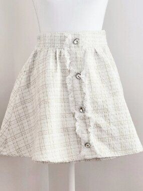 ANK ROUGE Flared Tweed Crystal Bijoux Button A-Line Mini Skirt